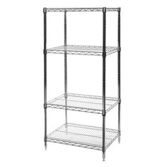 chrome wire shelving unit with four shelves on each side and one shelf below it