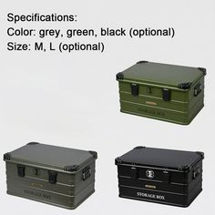 four different types of boxes with labels on them and the words spectifications color grey, green, black optimal size m l optnia