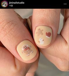 Gingerbread Cookies Nails, Korean Xmas Nails, Gingerbread Nails Short, Christmas Cookie Nails, Short Japanese Nails, Moose Nails, Cookies Nails, Gingerbread Man Nails, Cookie Nails