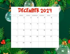 December 2024 monthly calendar free printable with Christmas tree and ornaments background and Grinch text Free Printable Monthly Calendar, Calendar Free Printable, 2024 Monthly Calendar, Free Monthly Calendar, Floral Border Design, School Planner, Monthly Calendar Printable, Free Printable Calendar, 2024 Calendar