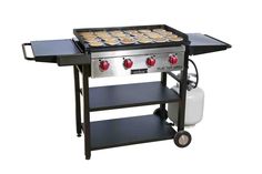 an outdoor gas grill with two burners on the side and a propane tank attached to it