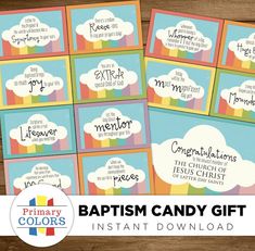 LDS Baptism I Like to Look for Rainbows When I Am | Etsy Baptismal Covenants, When I Am Baptized, Hershey Hugs, Lds Baptism Gifts, Baptism Presents, Primary Presidency, Cute Basket, Lds Gifts, Mint Gum