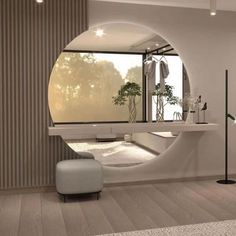 a bathroom with a tub, sink and large window in the wall next to it