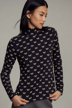 Our favorite mantra for standout style? Prints and repeat. This simple turtleneck top is elevated with of-the-moment prints. | Printed Long-Sleeve Turtleneck Top by Maeve in Black, Women's, Size: Medium, Cotton/Elastane at Anthropologie Turtleneck Top, Long Sleeve Turtleneck, Turtle Neck Top, Mantra, Anthropologie, Long Sleeve Tees, Turtle Neck, Size Medium, Luxury Fashion