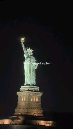 the statue of liberty is lit up at night with its lights on and it says, but not just a plan