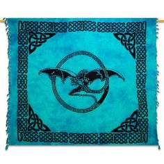 a blue and black banner with an image of a dragon in the middle of it