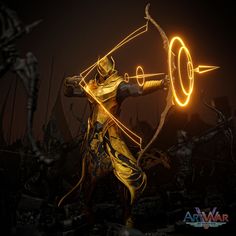 a man with a bow and arrow in his hand holding a glowing light up ring