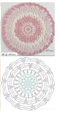 crocheted doily patterns with different colors and sizes, including one in the center