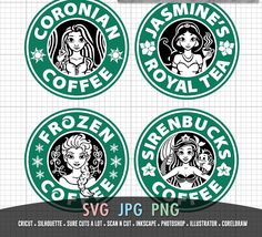 the starbucks logo is shown in four different styles