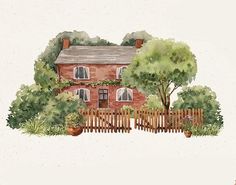 a watercolor painting of a red brick house with trees and bushes in front of it