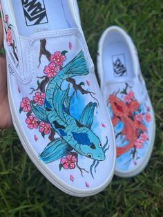 * PLEASE READ CAREFULLY BEFORE PLACING ORDERS*       *Labor ONLY - you will shipped your own shoes to me, message me for my address       *GREAT ART TAKES TIME  it will takes 3 to 4 weeks to finish a pair       * WANT IT ASAP? add the rush order link in your cart, and it WILL MOVE YOUR ORDER TO                         THE TOP OF THE DESIGN SCHEDULE.              https://www.etsy.com/listing/499308347/rush-order?ref=shop_home_active_5 These shoes are made to order, so when purchasing the listing please send me a message if you want some revision to the design, I can also personalize it by adding  your name. Since I do paint them by hand, they can take a while to complete. *Each pair is hand painted by me and they are completely unique, no two are the same. *All shoes are sealed and protecte Painted Vans Slip On, Koi Shoes, Custom Painted Vans, Cherry Blossoms Flower, Sharpie Shoes, Japanese Koi Fish, Painted Vans, Japanese Koi, Hand Painted Shoes