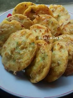 some fried food is on a white plate with red trimmings and sits on a window sill