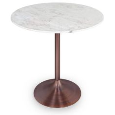 a white marble top table with a copper metal base and an oval design on the bottom