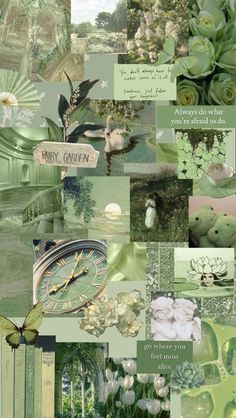 a collage of green and white images with flowers, trees, plants, and words