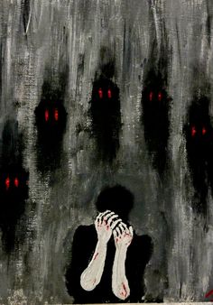 a painting with red eyes and hands covering his face