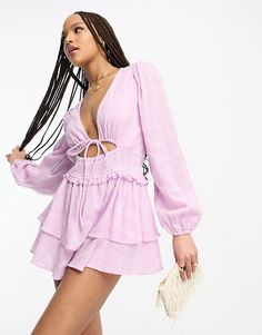 Jumpsuits & Rompers by ASOS DESIGN One-piece wonder Plunge neck Tie front Volume sleeves Regular fit Asos Outfit, Pink Playsuit, Formal Dresses Graduation, Volume Sleeves, Coverall Jumpsuit, Cocktail Dress Formal, Cotton Romper, Long Sleeve Floral Dress, Satin Slip Dress