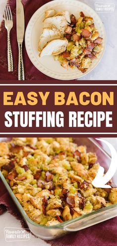 easy bacon stuffing recipe in a casserole dish with text overlay that reads easy bacon stuffing recipe