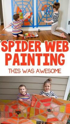 two children sitting on the floor with spider web paintings in front of them and text overlay that reads, spider web painting this was awesome