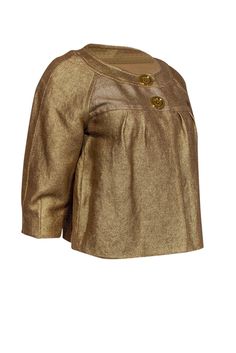 This metallic cropped jacket from Michael is only for those who really want to make a big impression! The gold-toned material is only the beginning of the details on this piece. Made with gold-toned oversized buttons and a classic, large round neckline and cropped sleeves, this is a small jacket with big attitude! Size PS 55% Linen, 45% Cotton Cropped silhouette Rounded neckline with no collar Oversized button closures Cropped sleeves Subtle pleating Waist 38" Sleeve 17" Shoulder to hem 21" Chic Gold Long Sleeve Outerwear, Chic Gold Outerwear For Party, Gold Outerwear For Work In Spring, Gold Long Sleeve Outerwear For Spring, Gold Fitted Outerwear For Fall, Fitted Gold Outerwear For Fall, Chic Gold Outerwear For Fall, Chic Gold Outerwear For Spring, Michael Kors Jacket