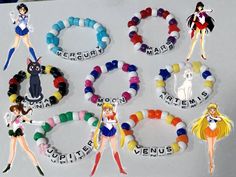 six sailor moon bracelets with the names of them