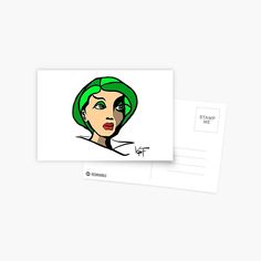 a drawing of a woman with green hair on her head and the words stamp art