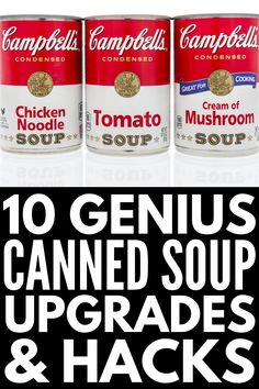 three cans of soup with the words campbell's soup on top and two cans of soup below