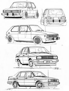 four different cars are shown in this drawing