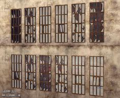 six windows with bars on them are shown in an old building, and there is no image here to provide a caption for