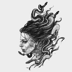 a drawing of a woman's face with snakes on her head and hair blowing in the wind