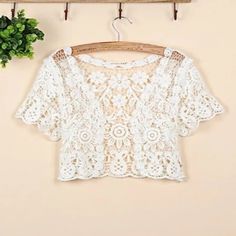 Women Short Sleeve Crochet Shrugs Hollow Out Flower Lace Open Front Cropped Cardigan Sunscreen Jacket Sport Running Vest LANFUBEISI Spring White Crochet Top With Lace Patchwork, White Short Sleeve Crochet Top For Spring, Crochet Shrugs, Lace Shrug, Shrug For Dresses, Sleeve Crochet, Fashion 2015, Crochet Shrug, Shrug Cardigan