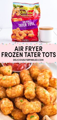 air fryer frozen tater tots on a white plate with text overlay