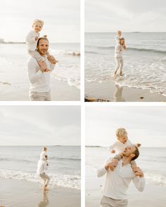 a family playing on the beach with their toddler girl in her arms and dad holding him up