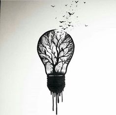 a black and white drawing of a light bulb with birds flying in the sky above it