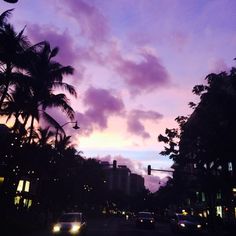 the sun is setting behind some palm trees