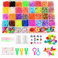 assorted rubber bands and accessories for making bracelets, necklaces, hair clips