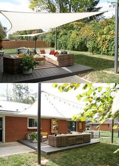 an outdoor living area with patio furniture and string lights