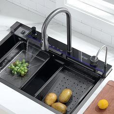 a kitchen sink filled with fruit and vegetables