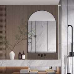 a bathroom with a sink, mirror and towel rack on the wall next to it