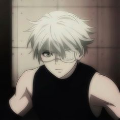 an anime character with white hair and glasses looking at the camera while standing in front of a wall