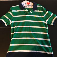 Green And White Stripe Polo Shirt. Item Never Worn Green Crew Neck Polo Shirt For Summer, Green Short Sleeve Casual Polo Shirt, Green Collared Cotton T-shirt, Green Casual Polo Shirt For Spring, Green Short Sleeve Polo Shirt For Spring, Green Short Sleeve Preppy Tops, Preppy Green Short Sleeve Tops, Preppy Green Cotton Top, Green Preppy Cotton Tops