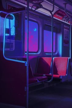 an empty train car with red seats and blue lights on the windows, at night