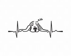 a dog with its head on top of a heartbeat line