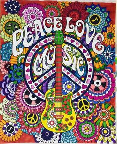 a peace sign and guitar with flowers in the background