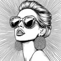 a drawing of a woman wearing sunglasses with sunbursts in the back ground