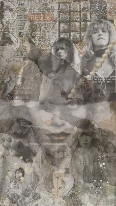 an altered collage of women in different styles and colors, with words written on them