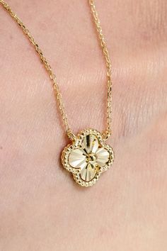 ITEM INFO Introducing our enchanting 14K Solid Gold Clover Diamond Cut Single Charm Necklace – a symbol of luck and luxury combined into a delicate 16" piece. This necklace is designed for those who seek a touch of elegance and a whisper of fortune in their daily wear. Here's why it's a treasure to behold: Symbol of Fortune: The clover charm, with its diamond-cut finish, sparkles with the promise of luck and prosperity. Luxurious Craftsmanship: Crafted from 14K solid gold, this necklace boasts a lasting shine and a premium feel. Elegant Simplicity: Its minimalist design makes it a versatile accessory, perfect for everyday elegance or as a subtle statement piece for special occasions. Comfortable Elegance: The 16" chain ensures a perfect fit, allowing the charm to rest beautifully at the co Luxury Yellow Gold Necklace For Good Luck, Elegant 14k Stamped Flower Pendant Necklace, 14k Yellow Gold Good Luck Necklace, 14k Yellow Gold Necklace For Good Luck, Elegant 14k Gold Flower Pendant Necklace, Elegant Gold Jewelry For Good Luck, Luxury 14k Gold Flower Pendant Necklace, Elegant 14k Gold Necklaces For Good Luck, Elegant Good Luck Pendant Necklaces