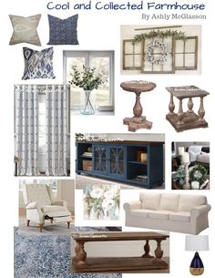 a collage of furniture and decor items in blue, white, and grey colors