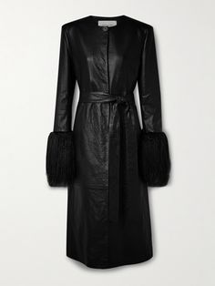 Undeniably sophisticated, Magda Butrym's coat is an effortless way to make winter looks feel more elevated. It's made from supple textured-leather and has wispy faux fur trims at the cuffs. The shoulders are lightly padded and the coordinating belt cinches the shapes. Black Fur Coat, Magda Butrym, Fur Coats Women, Belted Coat, Outerwear Coats, Faux Fur Jacket, Fur Trim, Winter Looks, Black Coat