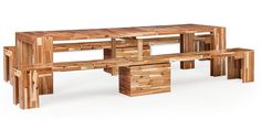 a wooden table and bench made out of wood planks