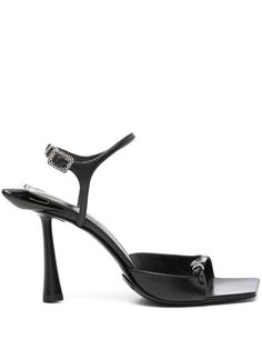 black calf leather smooth grain crystal buckle detail single toe strap square open toe buckle-fastening ankle strap branded footbed 90mm high stiletto heel leather sole Designer T-strap Sandals With Buckle Closure Open Toe, Chic Luxury T-strap Sandals With Buckle Closure, Luxury T-strap Open Toe Sandals With Buckle Closure, Luxury T-strap Sandals With Buckle Closure, Black T-strap Sandals With Leather Sole And Open Heel, Black Sandals, Leather Sandals, Women's Shoes Sandals, Open Toe